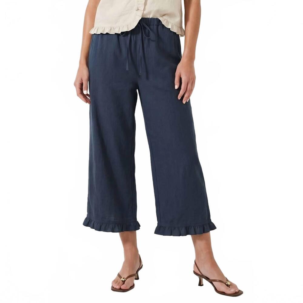 NEW NAKED ZEBRA ruffle detail capri pants in navy